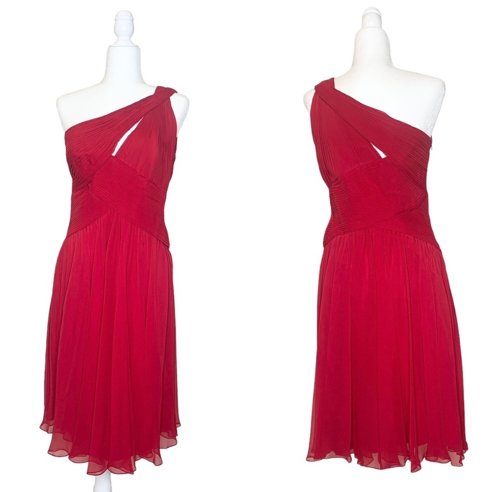 Pamella Roland Red 100% Silk One Shoulder Pleated Cocktail Dress Size 10 USA